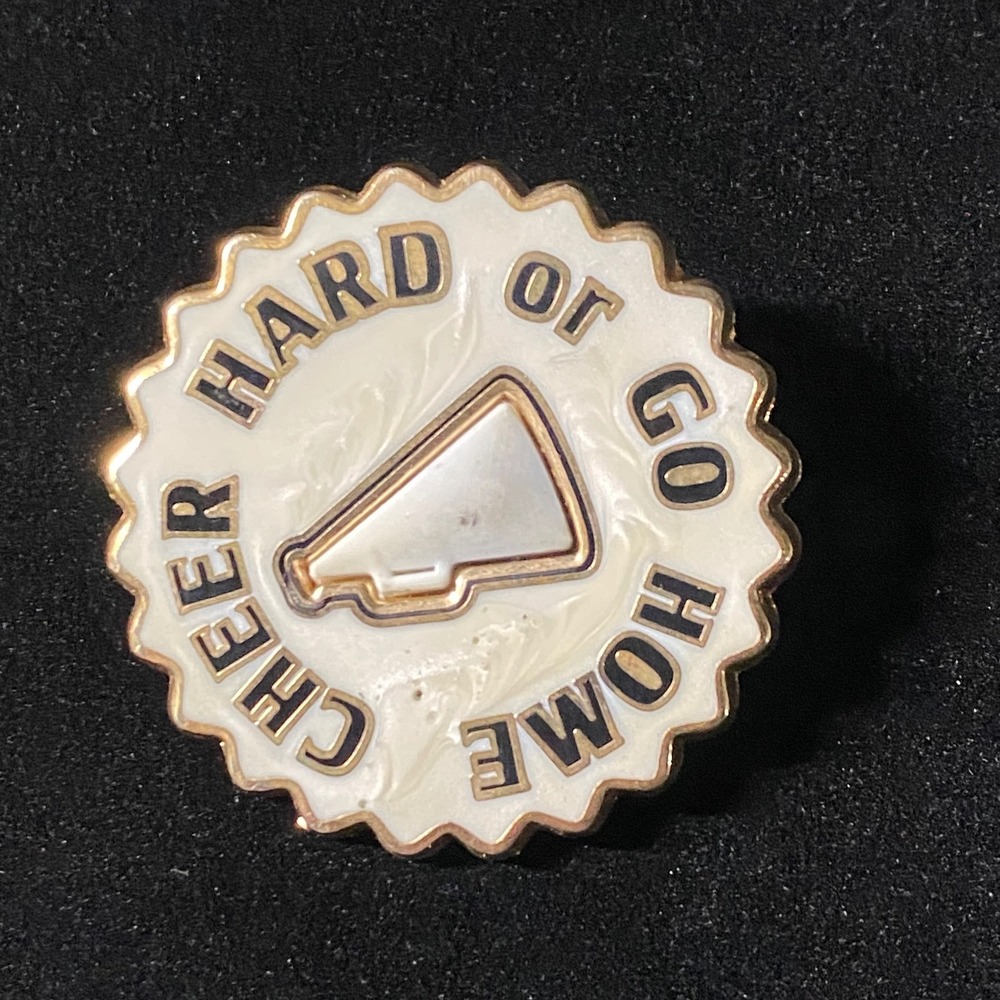 Varsity Cheer Hard Go Home Megaphone Enamel Pin Badge‎ Gold Tone Vintage